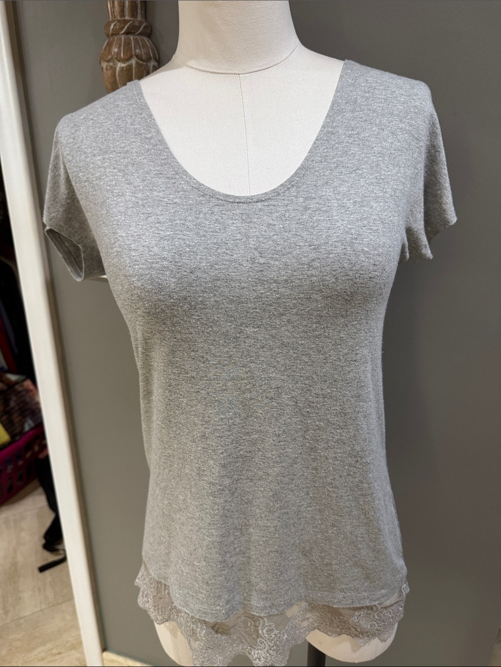 Only Hearts Light Gray Scoop Neck Tee with Lace Hem